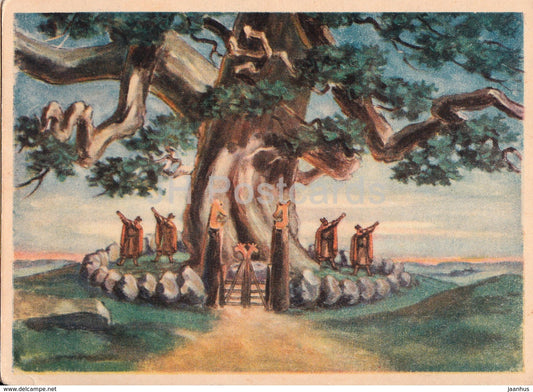 illustration by V. Haas - Big Oak - Scene from ballet of Kalevipoeg - 1948 - Estonia USSR - unused - JH Postcards