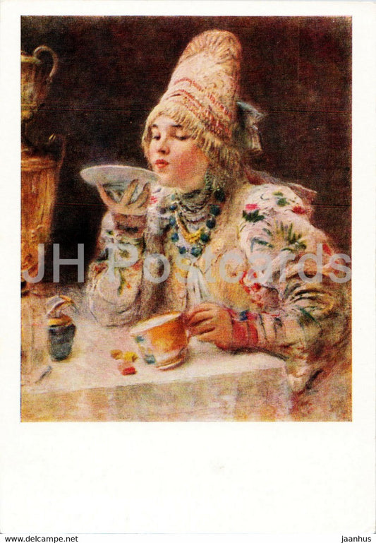 painting by K. Makovsky - Drinking Tea - woman - folk costumes - Russian art - 1963 - Russia USSR - unused - JH Postcards