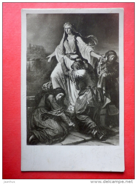 painting by A. Piotrowski . Wanda throws August in the currents of the Vistula river - Krakow Museum - sent to Estonia - JH Postcards