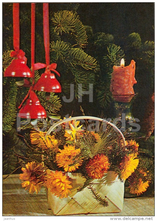 New Year Greeting card - 1 - candles - flowers - sleigh bells - 1983 - Estonia USSR - used - JH Postcards