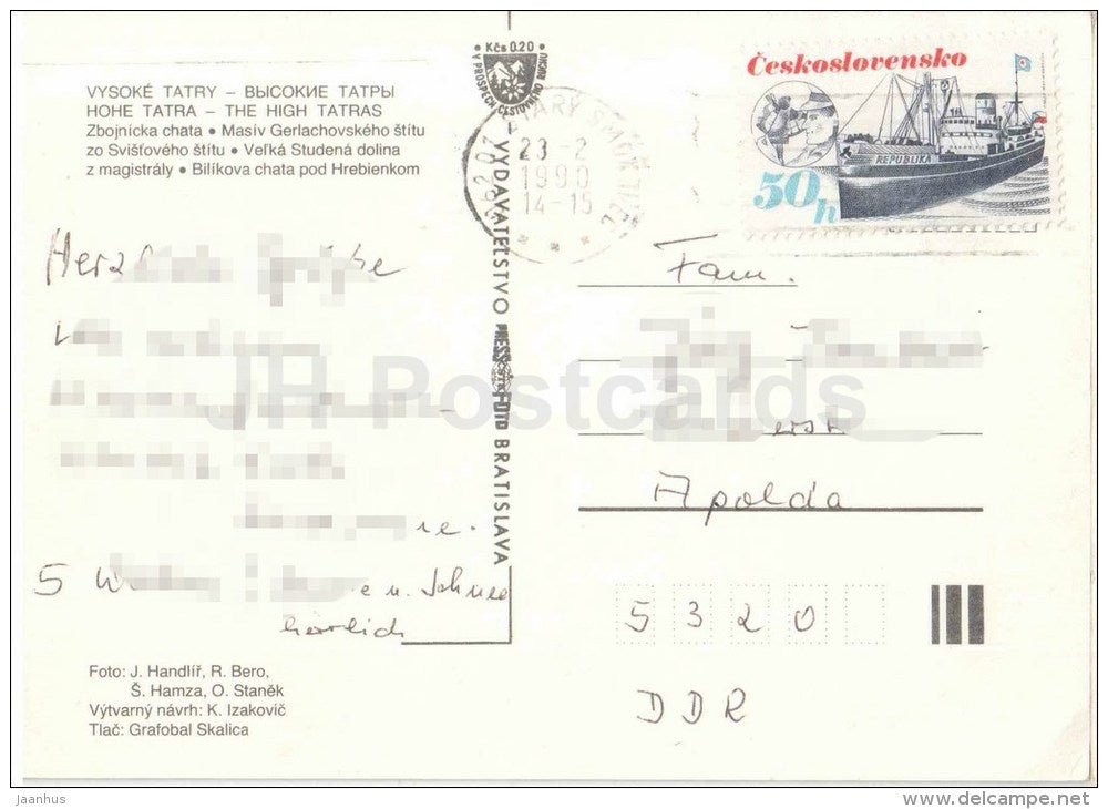Zbojnicka cottage - Gerlachovsky stit - Velka Studena valley - Vysoke Tatry - Czechoslovakia - Slovakia - used 1990 - JH Postcards