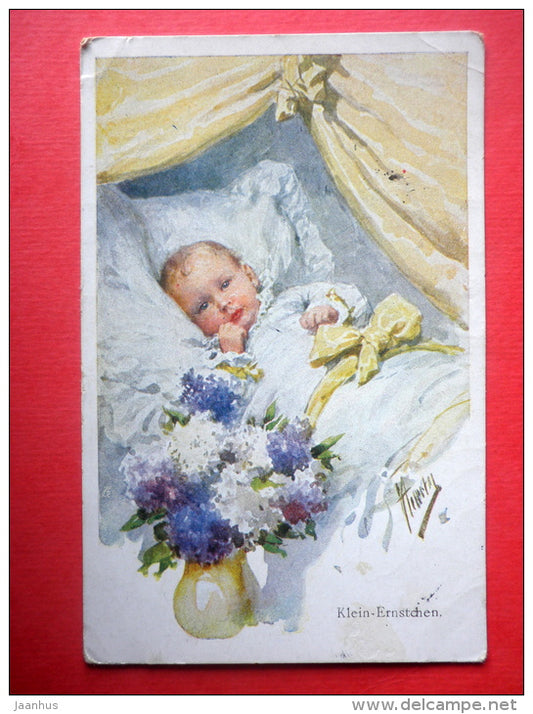 illustration by Karl Feiertag - Klein-Ernstchen - baby - flowers - B.K.W.I. 356-5 - old postcard - JH Postcards