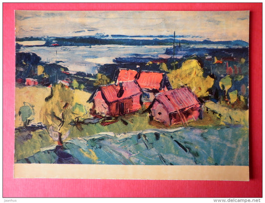 painting by N. Petraskevics - At Daugava River - houses - latvian art - unused - JH Postcards