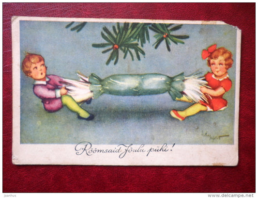 Christmas Greeting Card - firecracker - children - circulated in 1937 - Estonia - used - JH Postcards