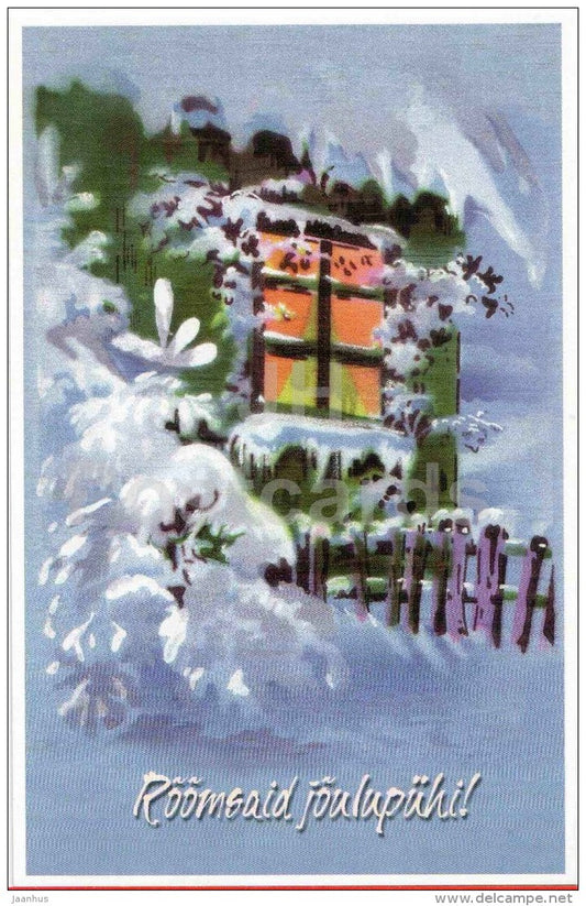 Christmas Greeting Card - winter house - window - old postcard reproduction - Estonia - unused - JH Postcards