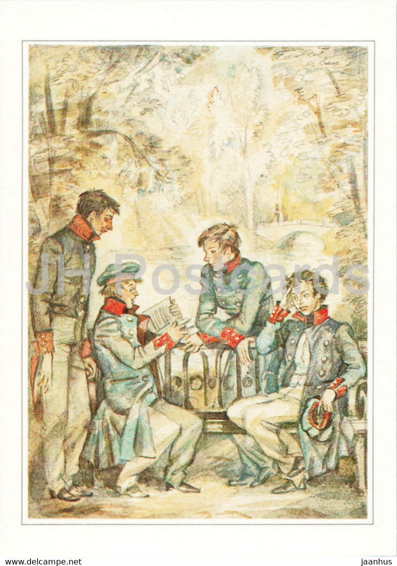 Russian writer Alexander Pushkin - Lyceum students Delwig Puschin - illustration - 1984 - Russia USSR - unused - JH Postcards