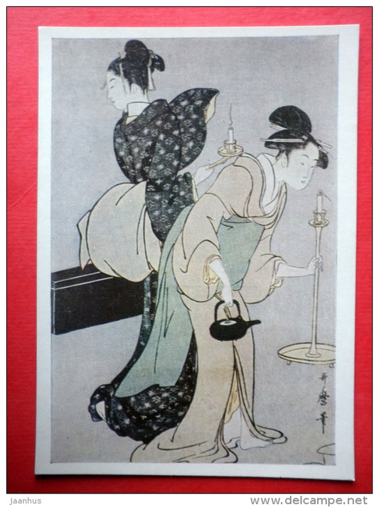 engraving by Utamaro - Geisha with candlesticks - teapot - Japanese colour print - japanese art - unused - JH Postcards