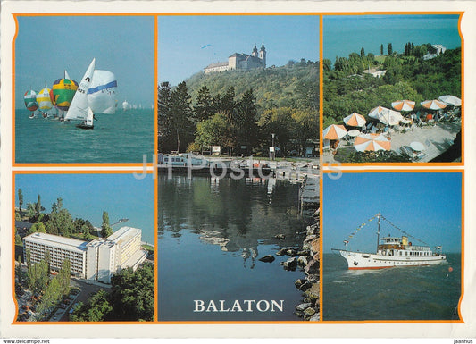 Balaton - beach - sailing boat - hotel - multiview - 1990s - Hungary - used - JH Postcards