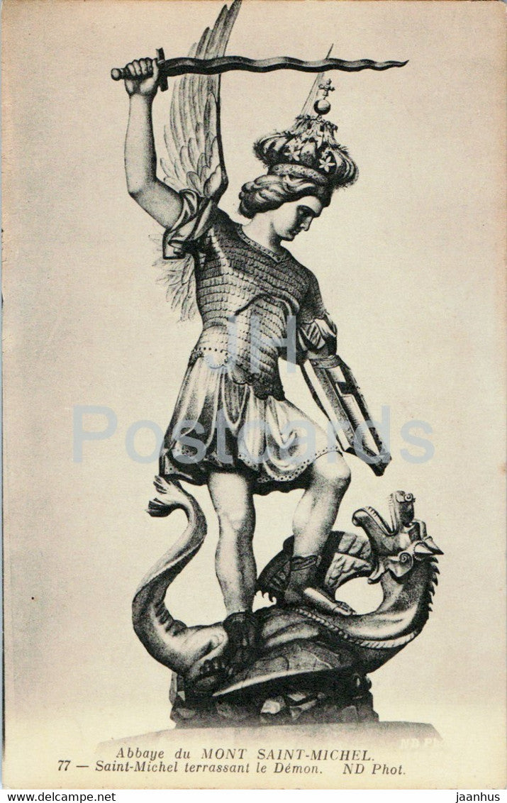 Abbaye du Mont Saint Michel - Saint Michel terrassant le Demon - 77 - old postcard - France - unused - JH Postcards
