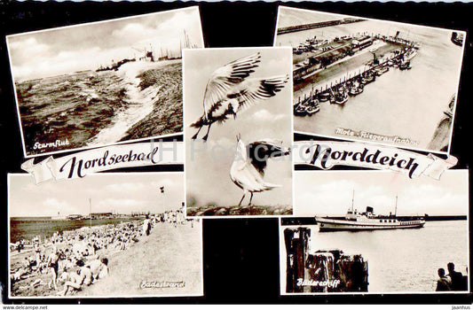 Nordseebad Norddeich - Sturmflut - Mole - Badestrand - Baderschiff - ship - beach - old postcard - 1960 - Germany - used - JH Postcards