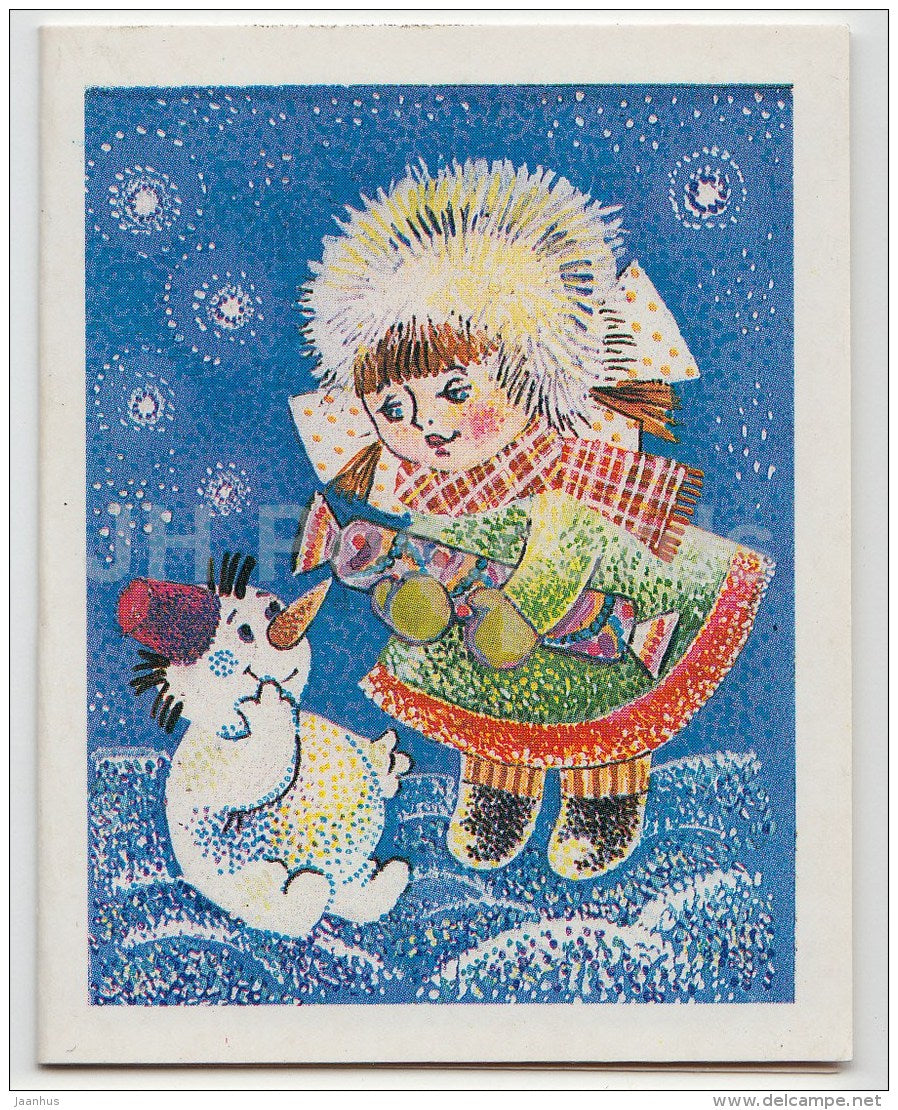 mini New Year greeting card by N. Varyushicheva - girl - snowman - 1987 - Russia USSR - unused - JH Postcards