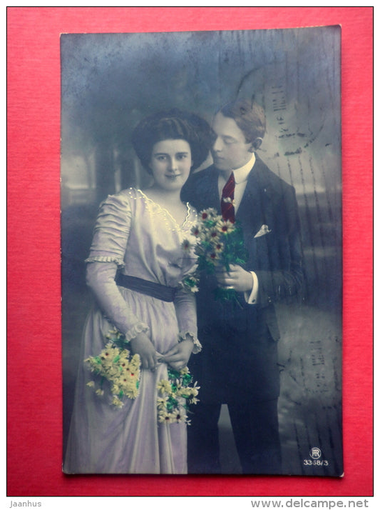 man and woman - couple - flowers - RPH 3368/3 - circulated in Tsarist Russia Estonia Fellin 1912 - JH Postcards