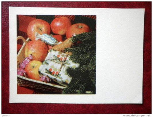 New Year Greeting card - apples - candies - gifts - 1971 - Estonia USSR - used - JH Postcards