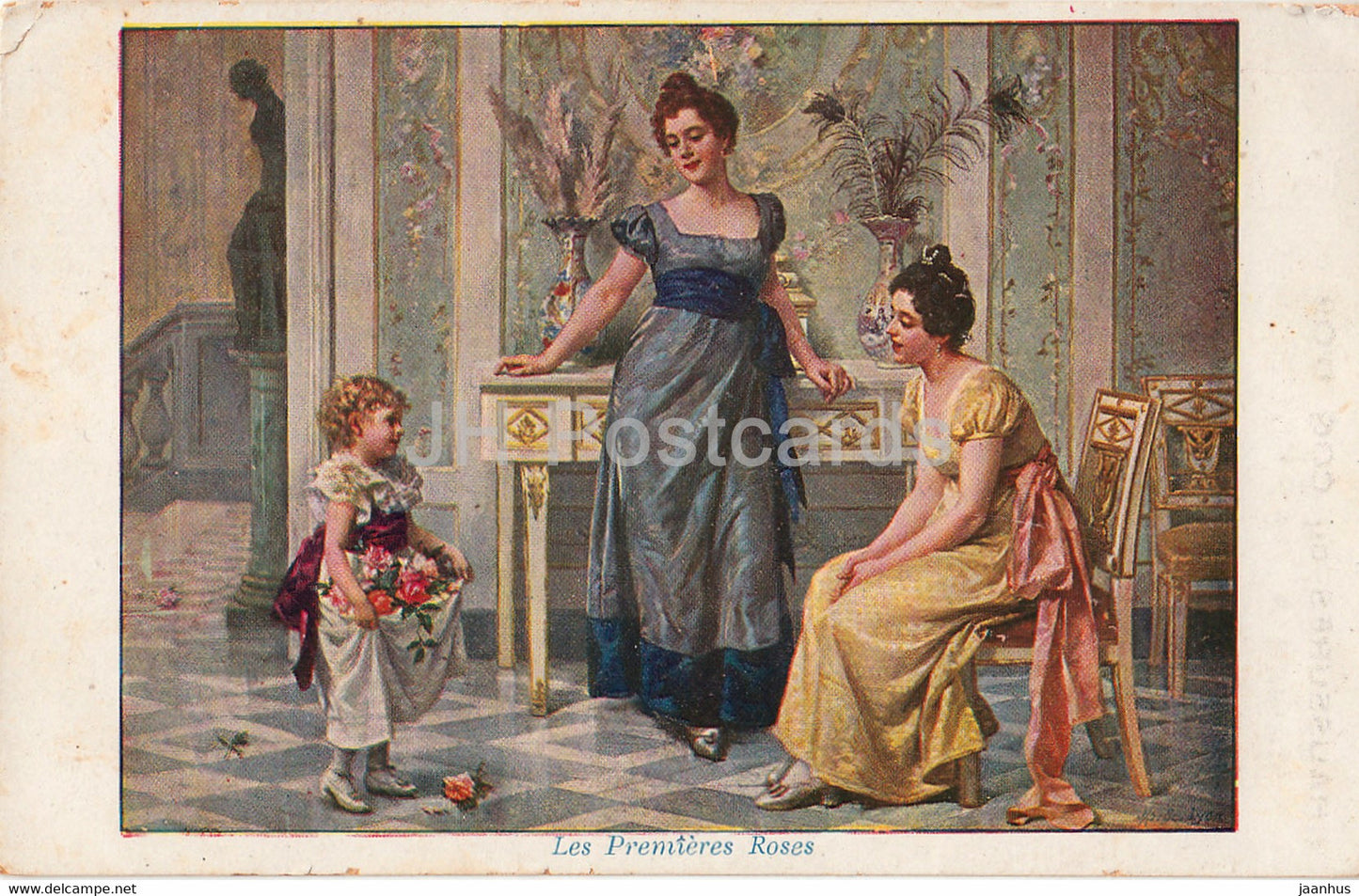 Le premieres roses - women - girl - illustration - A. Capelle - old postcard - France - unused - JH Postcards