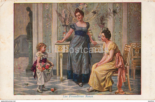 Le premieres roses - women - girl - illustration - A. Capelle - old postcard - France - unused - JH Postcards