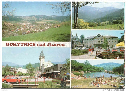 Rokytnice nad Jizerou - town views - car Zhiguli - swimming pool - Czechoslovakia - Czech - unused - JH Postcards