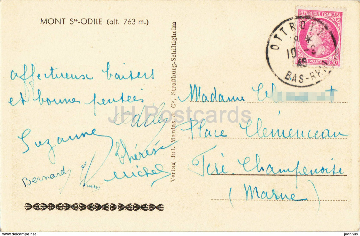Monte Ste Odile 763 m - carte postale ancienne - 1946 - France - occasion