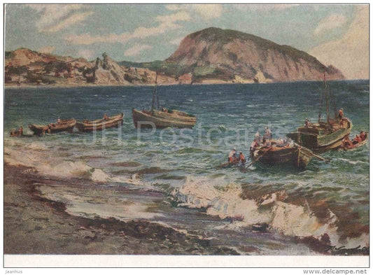 painting by P. Sokolov-Skalya - Fishing Boats - russian art - unused - JH Postcards
