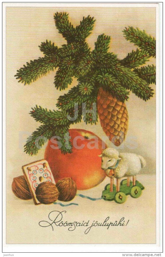 Christmas Greeting Card - cone - apple - walnut - fir - old postcard reproduction - Estonia - unused - JH Postcards