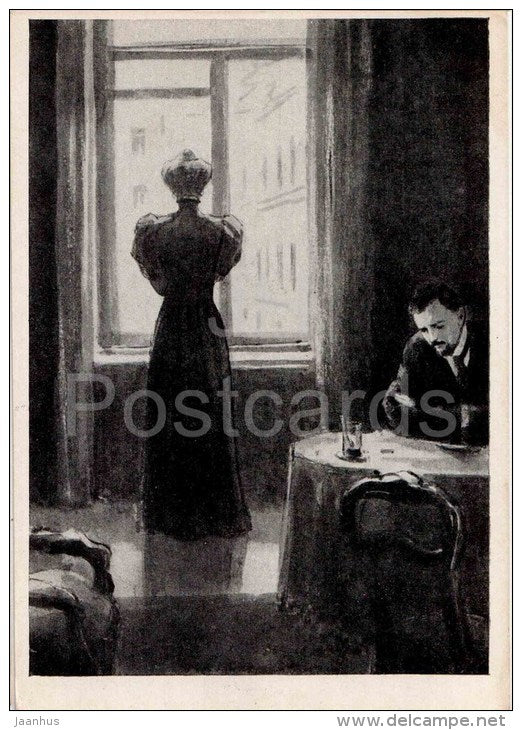 illustration by Kukryniksy - 5 - The Lady with the Dog by Anton Chekhov - lady and a man - 1954 - Russia USSR - unused - JH Postcards