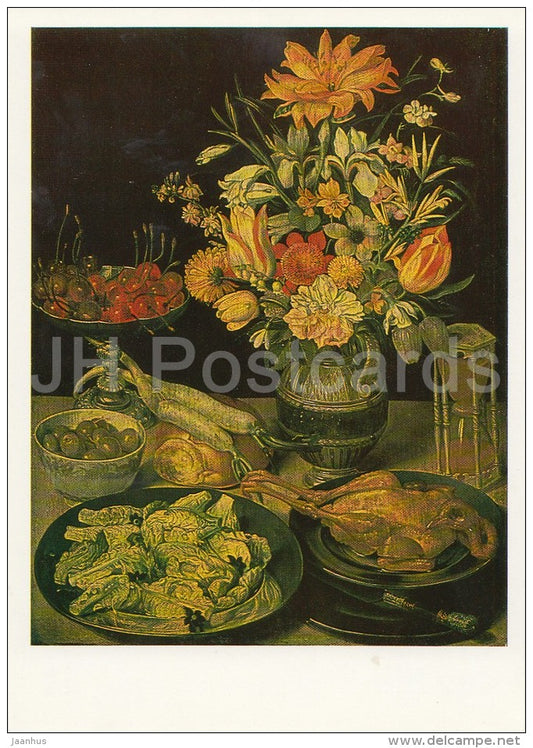 painting by Georg Flegel - Still Life with Flowers and Refreshments - German art - Russia USSR - 1988 - unused - JH Postcards