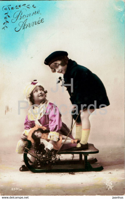 New Year Greeting Card - Bonne Annee - children - sledge - 2391 - old postcard - France - used - JH Postcards