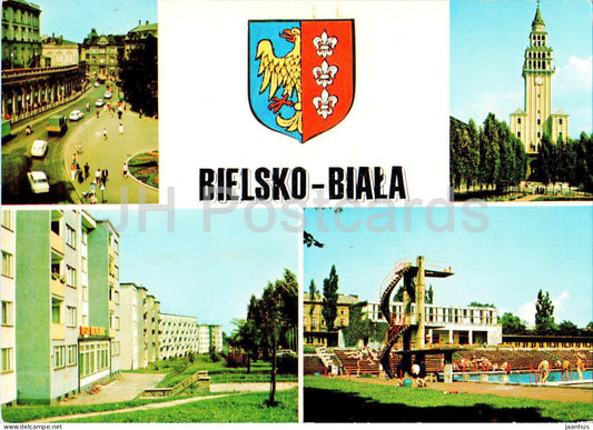 Bielsko Biala - ulica Zamkowa - Kosciol Sw Mikolaja - Basen plywacki - street - church - pool  multiview - Poland - used - JH Postcards