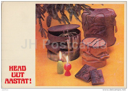 New Year Greeting Card - leather boxes - candles - 1981 - Estonia USSR - unused - JH Postcards