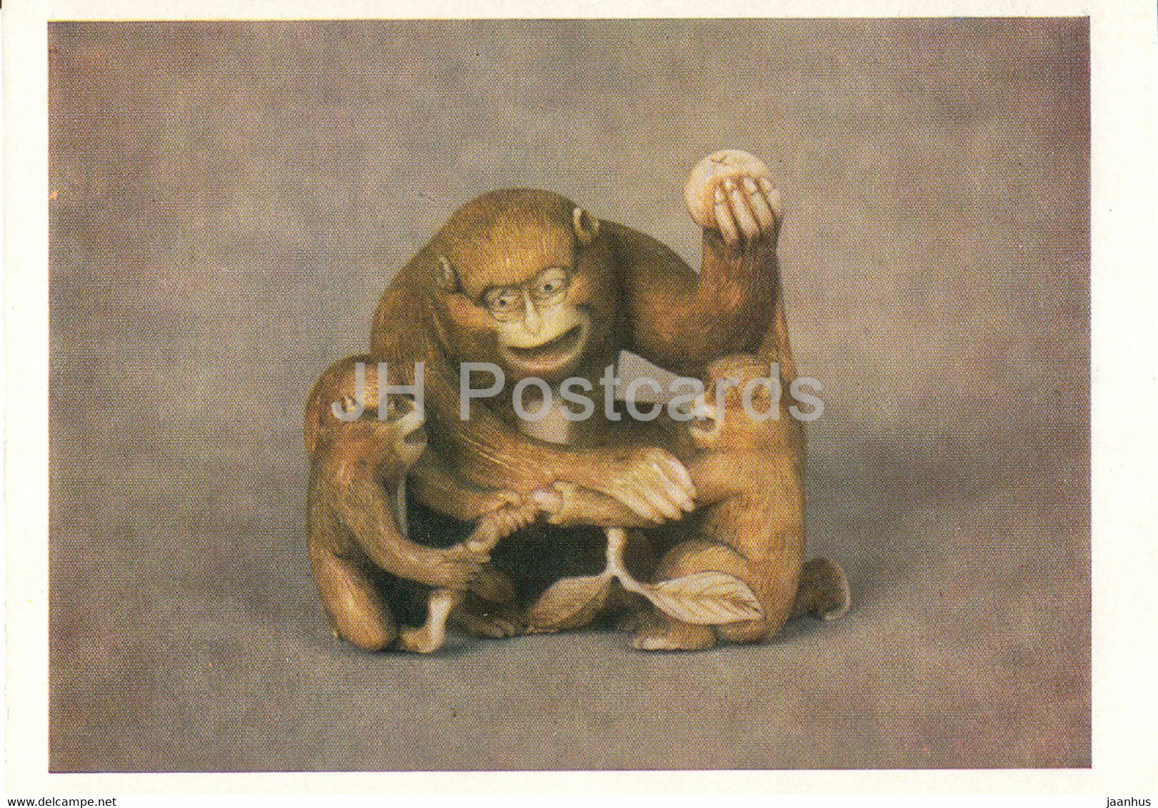 Netsuke - Monkey with cubs - bone - Japanese art - 1987 - Russia UUSR - unused - JH Postcards
