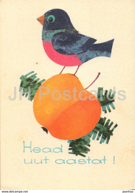 New Year Greeting Card by L. Harm - bullfinch - apple - birds - 1969 - Estonia USSR - unused - JH Postcards