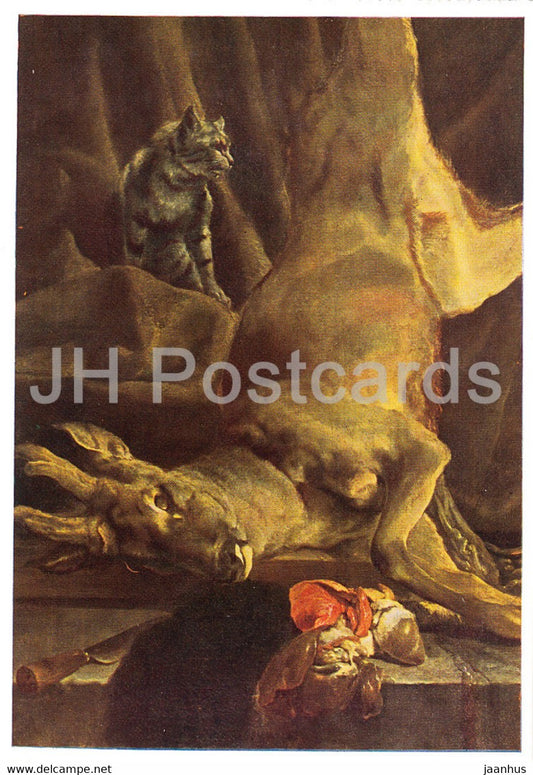 painting by Jan Weenix - Wildbret - detail - deer - cat - German art - 1967 - Germany - unused - JH Postcards