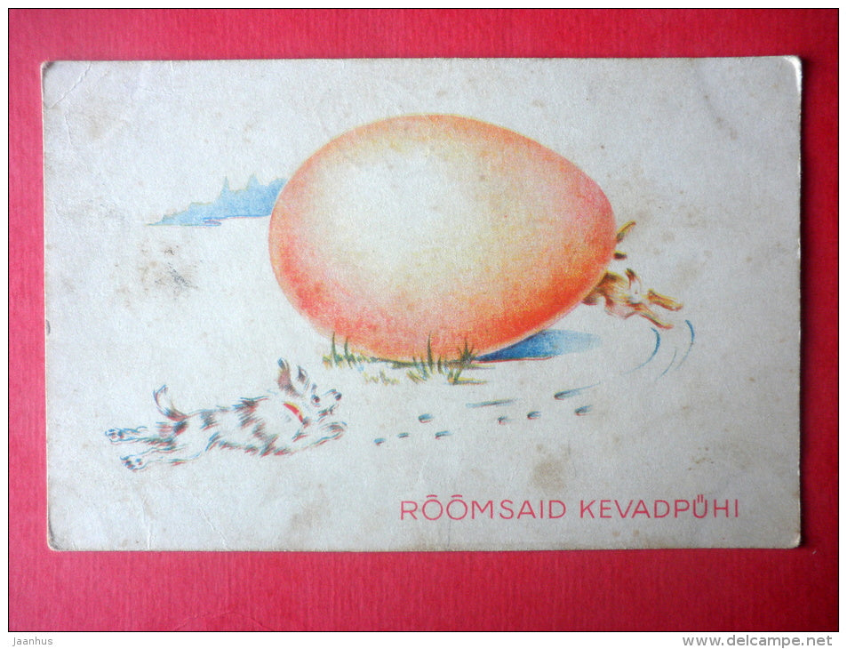 easter greeting card - egg - dog - hare - MR - circulated in Estonia Tõrva 1943 - JH Postcards