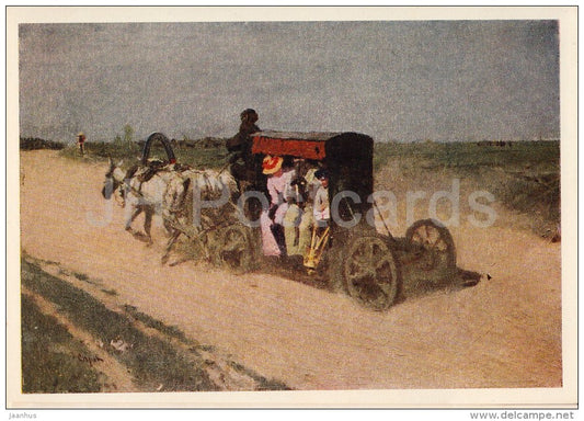 painting by V. Serov - Line from Moscow to Kuzminki , 1892 - horse carriage - Russian art - 1956 - Russia USSR - unused - JH Postcards