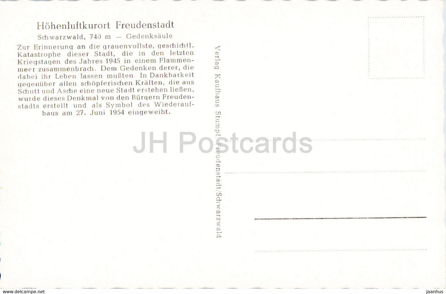 Hohenluftkurort Freudenstadt - Gedenksäule - Denkmal - alte Postkarte - Deutschland - unbenutzt