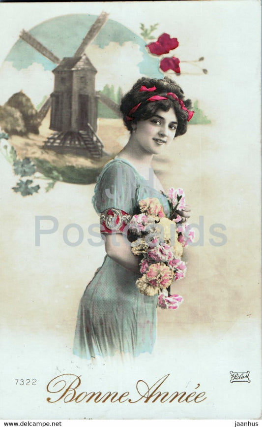 Birthday Greeting Card - Bonne Annee - young woman - windmill - 7322 - old postcard - 1912 - France - used - JH Postcards