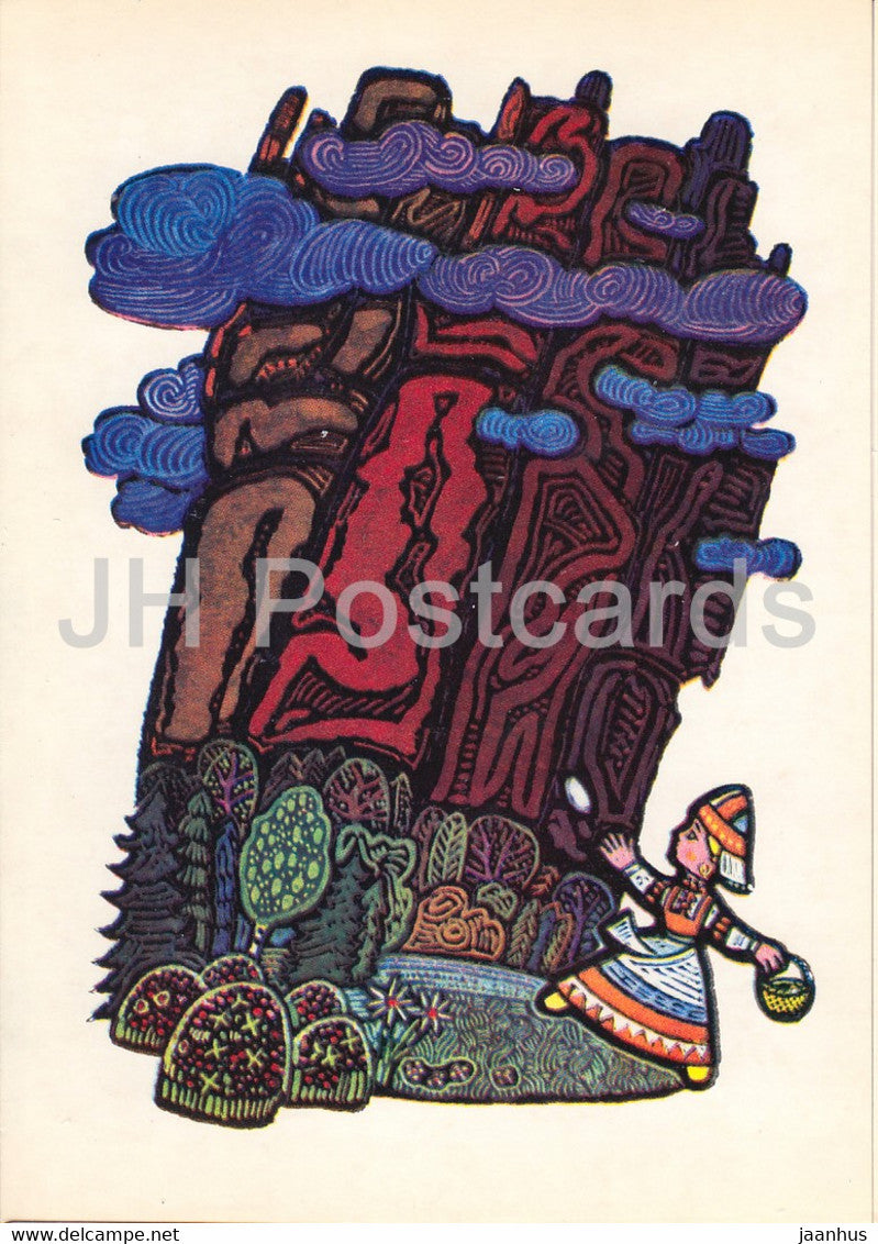 illustration by V. Ignatov - Girl with a spindle - stone hill - Komi fairy tale - 1977 - Russia USSR - unused - JH Postcards