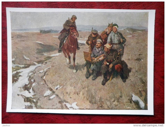 Painting by A. M. Chernyshev - Painter Grekov in the first Cavalry , 1957 - horses - soldiers -  russian art - unused - JH Postcards