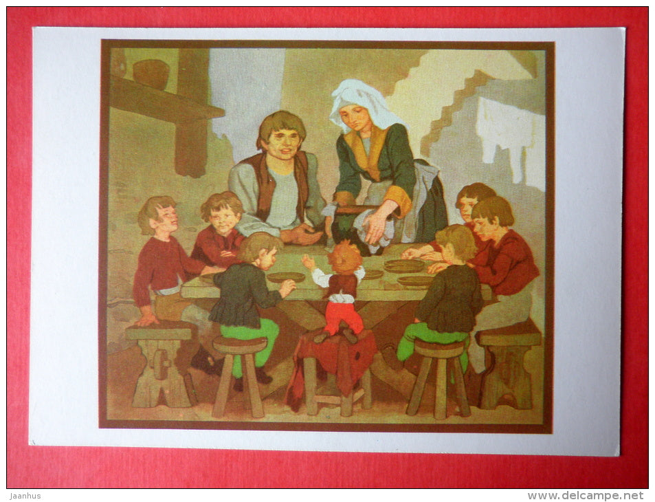 illustration by B. Dehterev - Having Lunch - Little Tom Thumb by C. Perrault - 1979 - Russia USSR - unused - JH Postcards