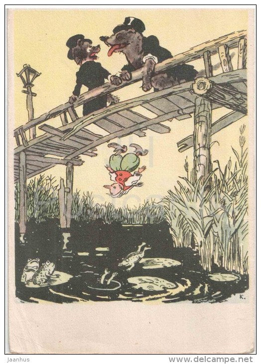 Buratino . Golden Key - Pinocchio - frog - wolf - Russian Fairy Tale by A. Tolstoy - 1956 - Russia USSR - unused - JH Postcards