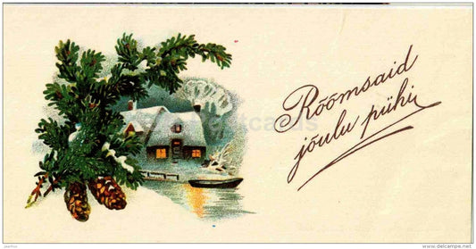 Christmas mini greeting card - cones - boat - house - REPRODUCTION ! - 1991 - Estonia USSR - unused - JH Postcards