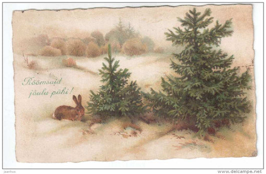 Christmas Greeting Card - hare - winter - forest - Amag 2195 - old postcard - circulated in Estonia 1930 - used - JH Postcards