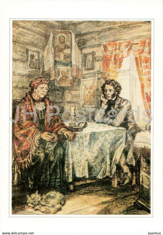 Russian writer Alexander Pushkin - Pushkin and Arina Rodionova - illustration - 1984 - Russia USSR - unused - JH Postcards
