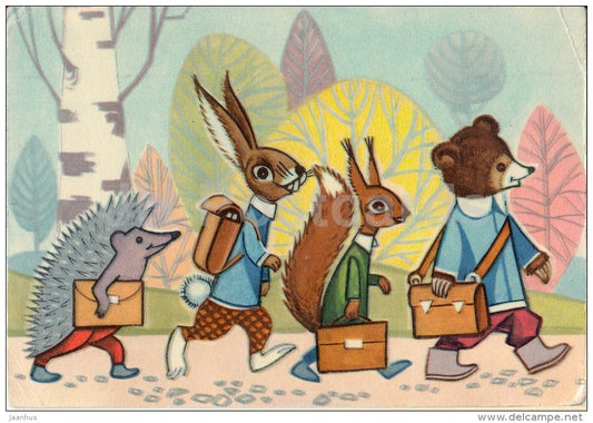 illustration by V. Pirk - hedgehog - hare - squirrel - bear - 1966 - Estonia USSR - unused - JH Postcards