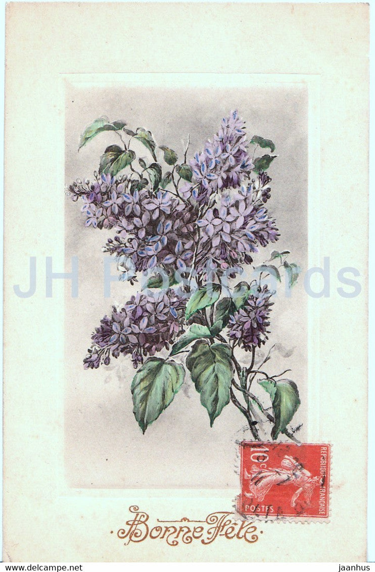 Birthday Greeting Card - Bonne Fete - flowers - lilac - illustration - old postcard - 1911 - France - used - JH Postcards
