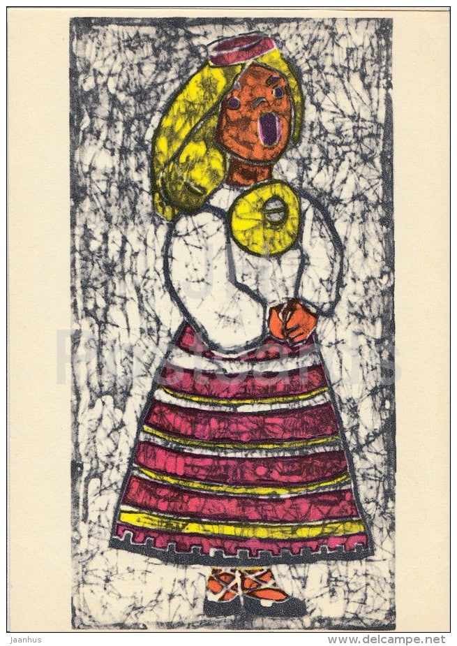 illustration by K. Kruus - The Singer - Girl in Folk Costumes - 1970 - Estonia USSR - unused - JH Postcards