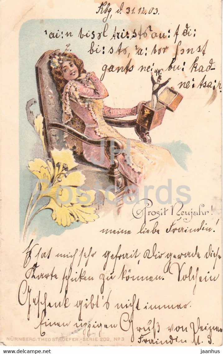 New Year Greeting Card - Prosit Neujahr - sitting woman - Serie 202 - Theo Stroefer FW old postcard 1903 Germany - used - JH Postcards