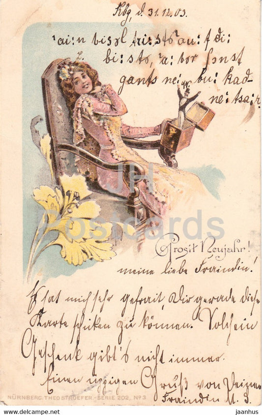 New Year Greeting Card - Prosit Neujahr - sitting woman - Serie 202 - Theo Stroefer FW old postcard 1903 Germany - used - JH Postcards
