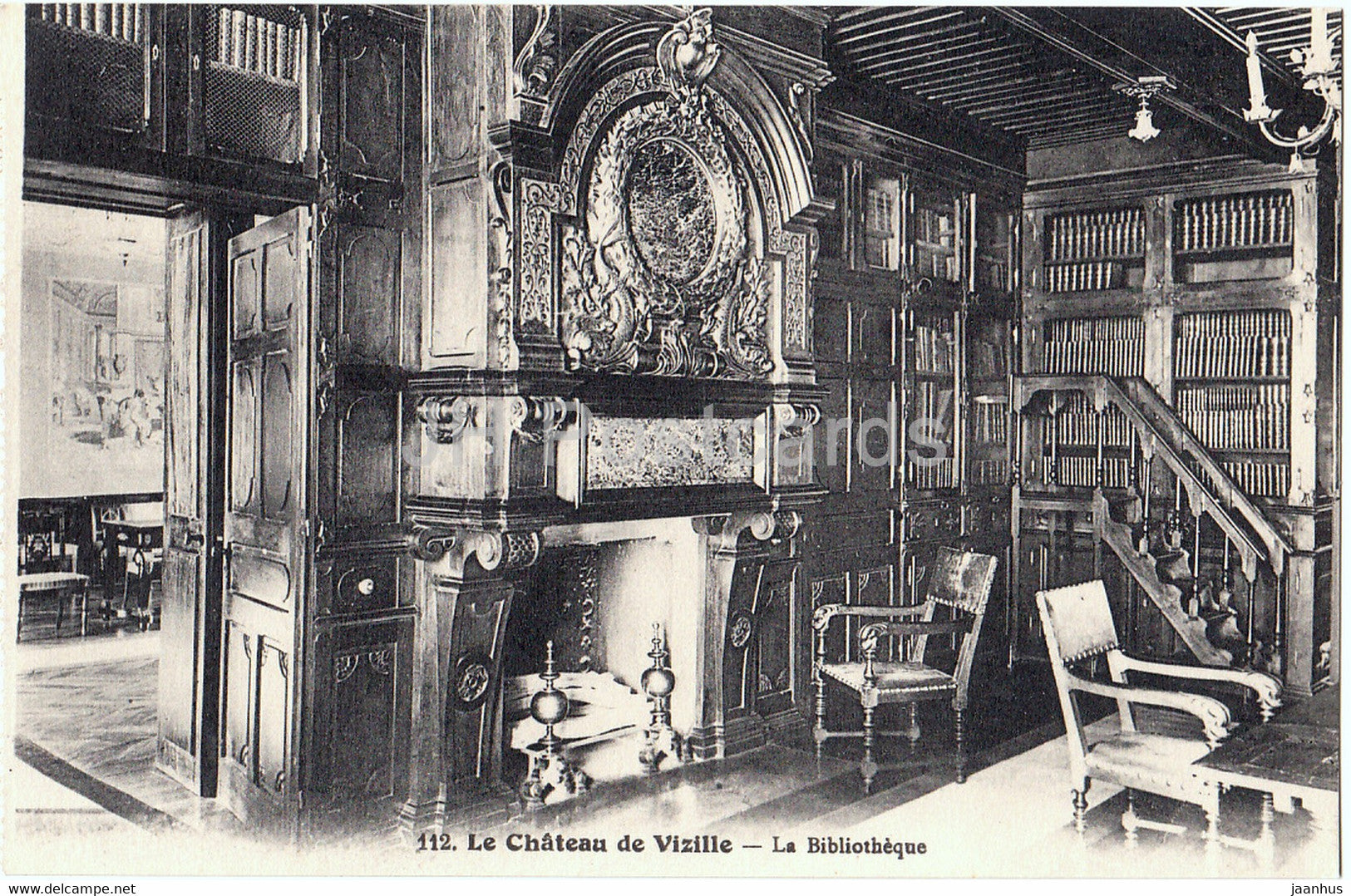 Le Chateau de Vizille - La Bibliotheque - library - castle - 112 - old postcard - France - unused - JH Postcards