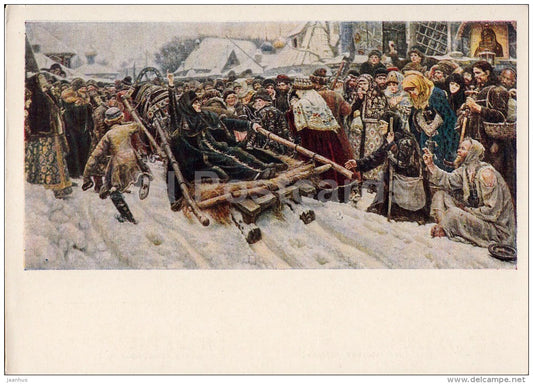 painting by V. Surikov - 1 - Noblewoman Morozova , 1887 - horse sledge - Russian art - 1969 - Russia USSR - unused - JH Postcards