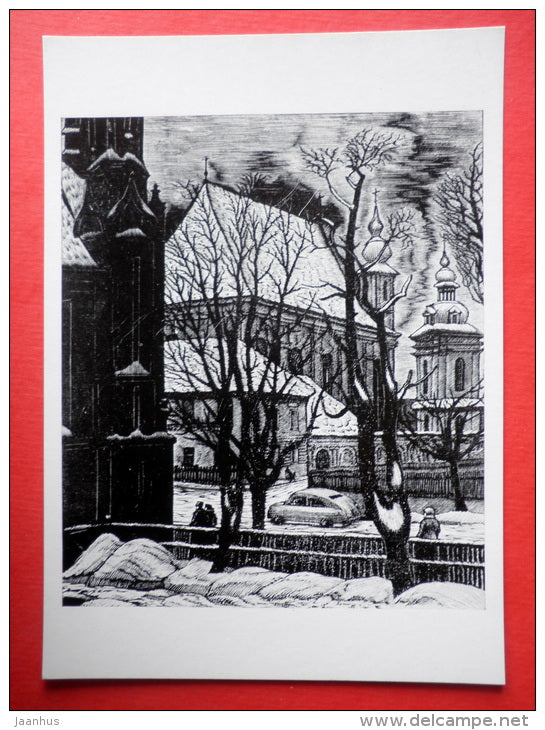 engraving by Jonas Kuzminskis - Anna and Michael Churches . 1956 - cars Pobeda - lithuanian art - unused - JH Postcards